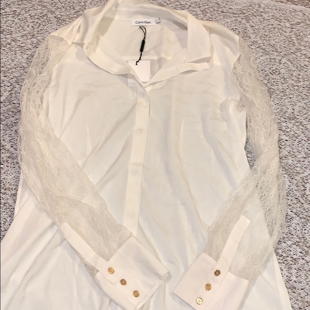 NWT Calvin Klein Lace-Sleeve Button Down